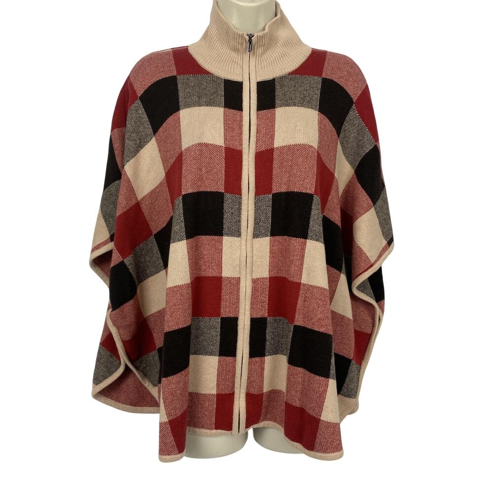 Jones New York Poncho Sweater Womens Small Medium Buffalo Plaid Zip Up Cabincore